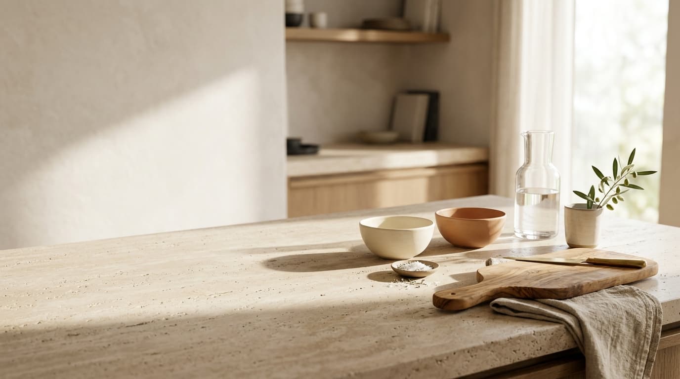 Sunlit kitchen counter with ceramic bowls and an olive wood board
