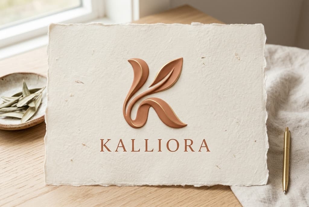 Kalliora Sculptural Olive Leaf Logo on handmade cotton paper