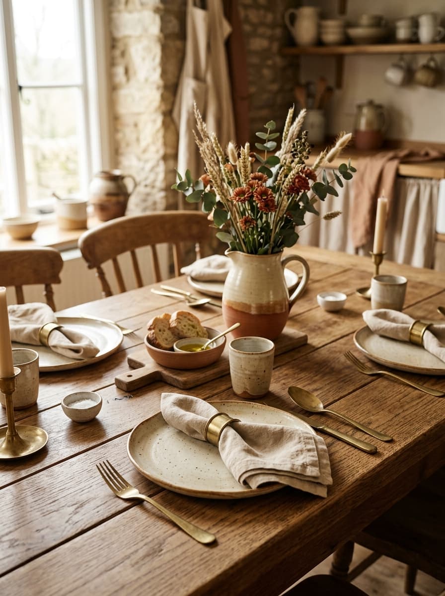 A table set with stoneware plates and linen napkins